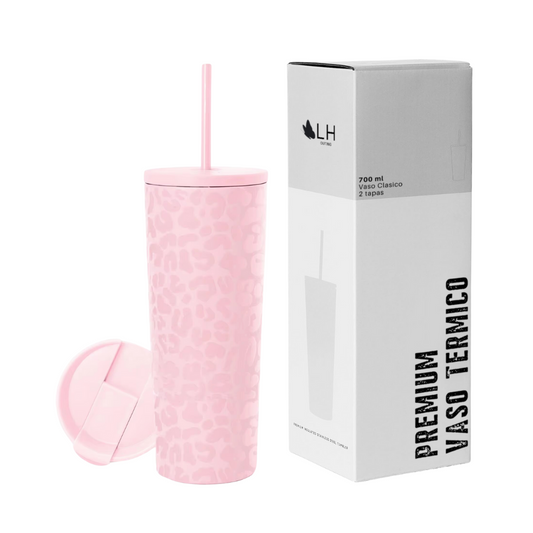 Vaso Térmico 700ml + 2 tapas Rosado Leop